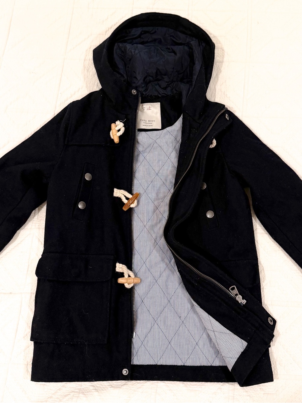 Zara Boys Navy Wool Blend Hooded Duffle Coat Size 6